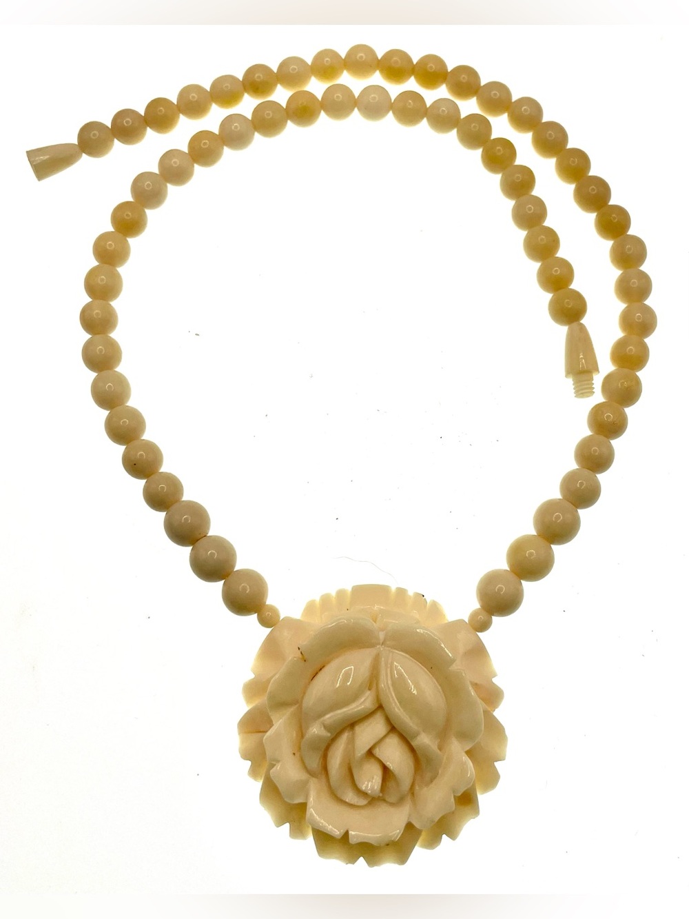 Vintage 50s Hand Carved Bone Rose Pendant Necklace Cream Beaded Floral Statement